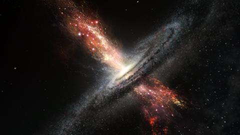 Künstlerische Darstellung, wie in den "Winden" eines Schwarzen Lochs massenhaft Sterne entstehen.
