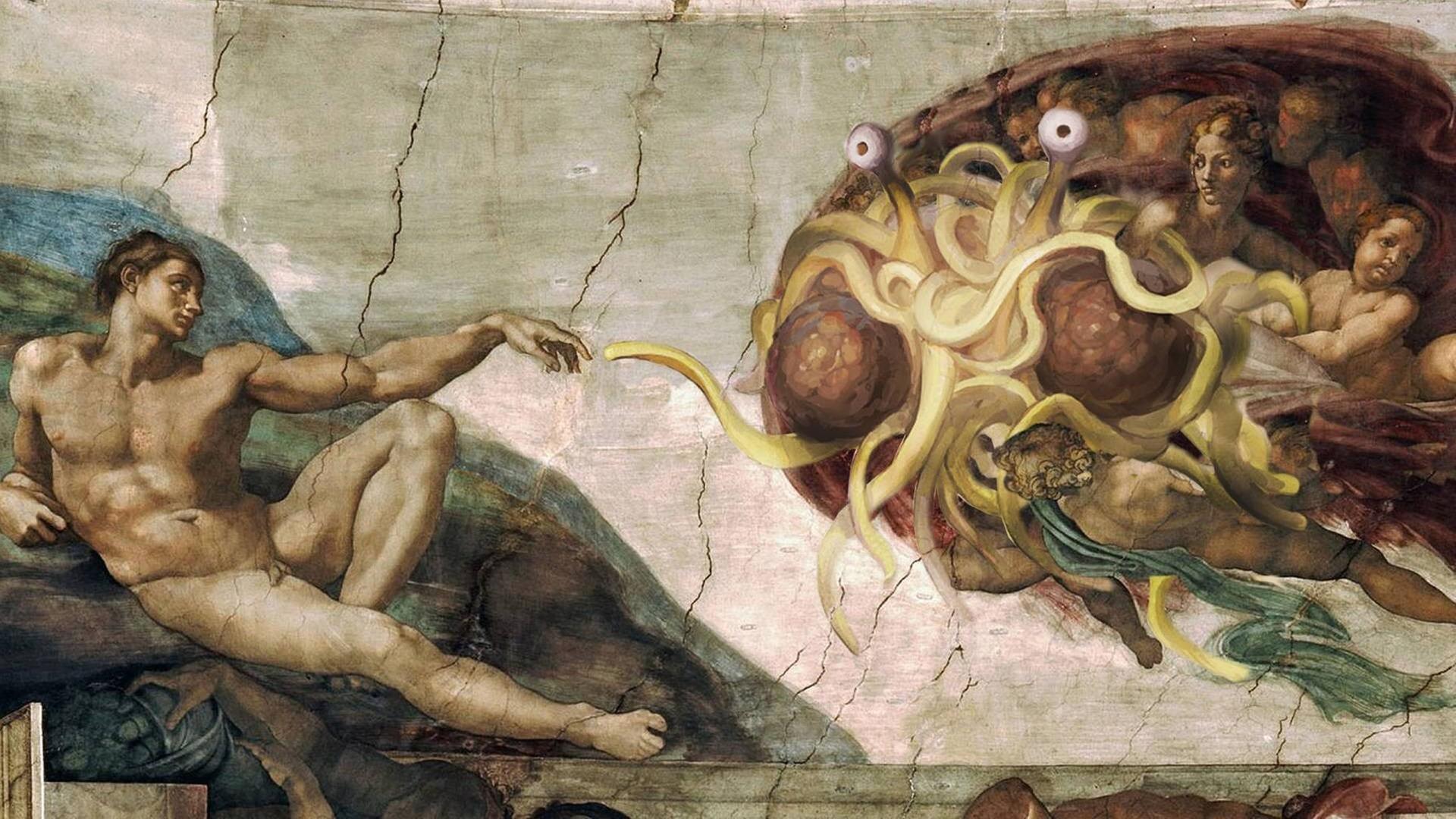 Fliegendes Spaghettimonster - Fresko in Anlehnung an Michaelangelos "Die Erschaffung Adams".