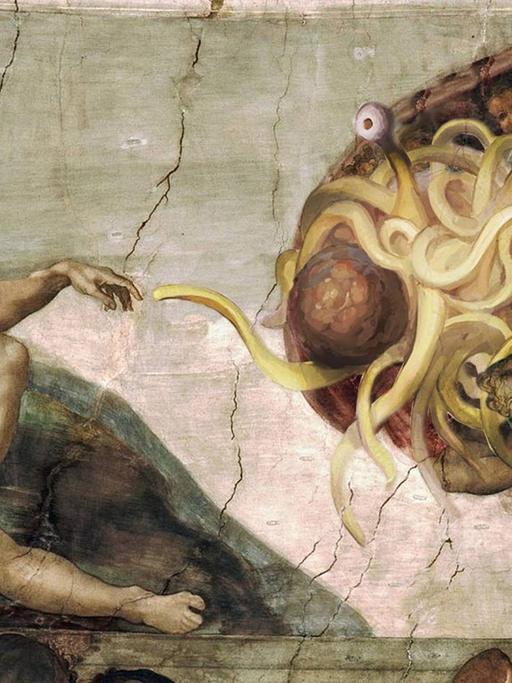 Fliegendes Spaghettimonster - Fresko in Anlehnung an Michaelangelos "Die Erschaffung Adams".
