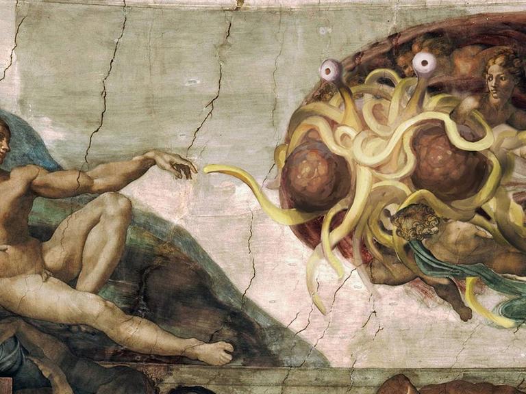 Fliegendes Spaghettimonster - Fresko in Anlehnung an Michaelangelos "Die Erschaffung Adams".