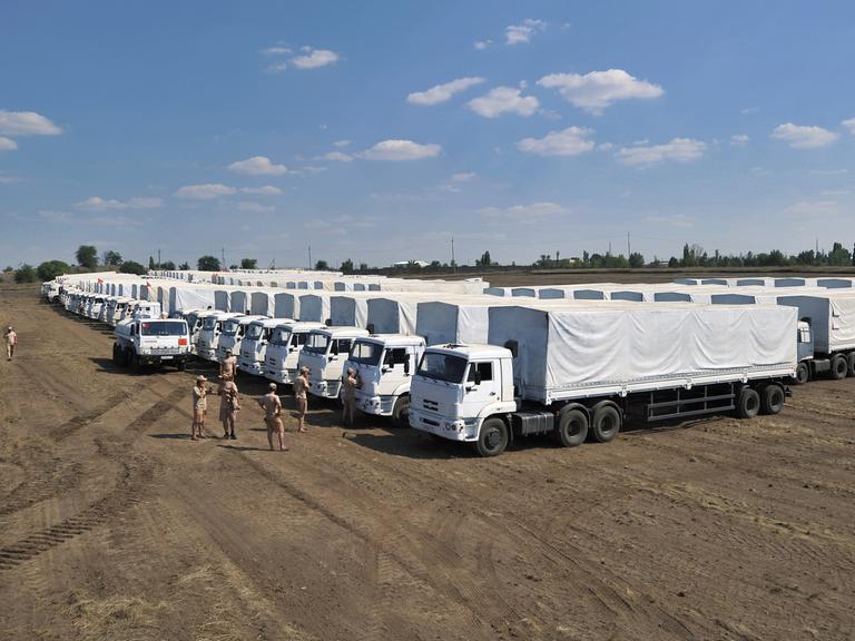 Russischer Hilfskonvoi auf einem Feld nahe Lugansk