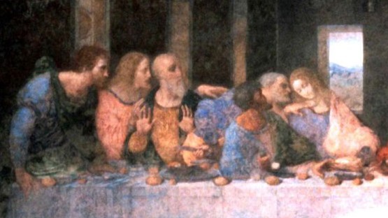 Ausschnitt aus "Das letzte Abendmahl" von Leonardo da Vinci: Linke Seite der Tafel. Die Jünger Johannes, Petrus, Judas, Andreas, Jakobus, Bartholomäus