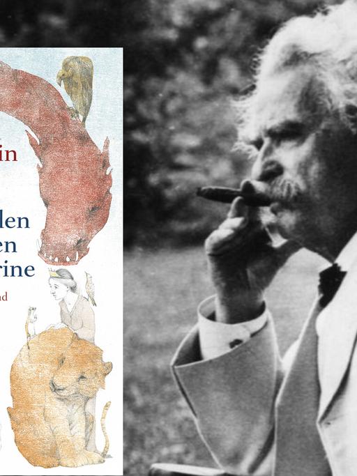 Collage aus dem Cover von Mark Twains "Das Verschwinden des Prinzen Oleomargarine" und einem Porträt von Mark Twain, Zigarre rauchend