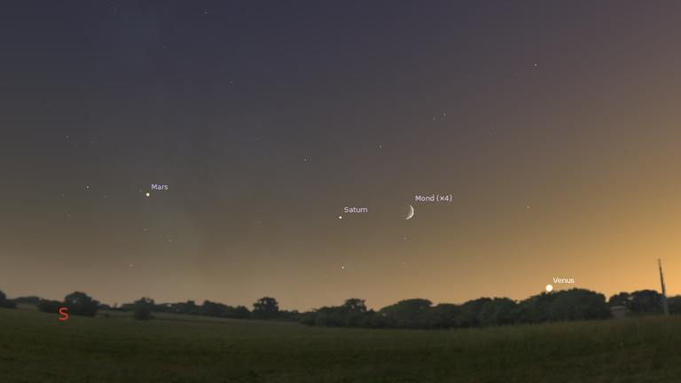 Venus, Mondsichel, Saturn und Mars heute Abend im Südwesten