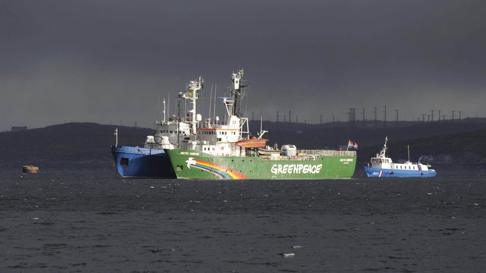 2289356 Russia. 09/24/2013 Greenpeace's ice class Arctic Sunrise detained by FSB during an action of protest at the Prirazlomnaya oil platform in the Kola Bay of the Perchora Sea. Sergey Eshenko/RIA Novosti
