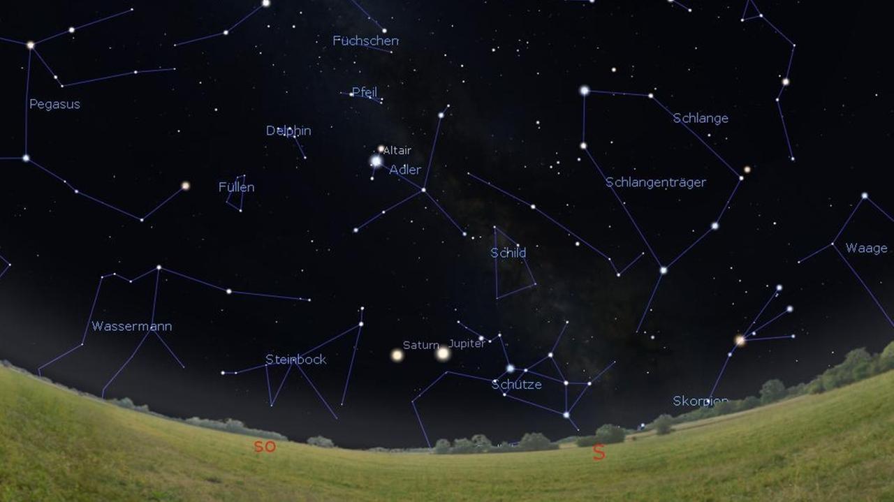 Der Riesenplanet Jupiter zieht tief über den Südhimmel, begleitet vom Ringplaneten Saturn Der Riesenplanet Jupiter zieht tief über den Südhimmel, begleitet vom Ringplaneten Saturn