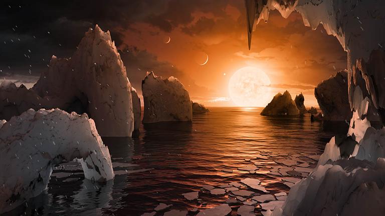 Künstlerische Darstellung, wie es auf dem Planeten TRAPPIST-1f im Sonnensystem TRAPPIST-1 aussehen könnte.