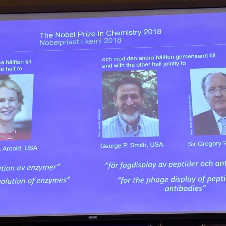 Eine Screen mit den Gesichtern der drei Chemie-Nobelpreis-Gewinner.