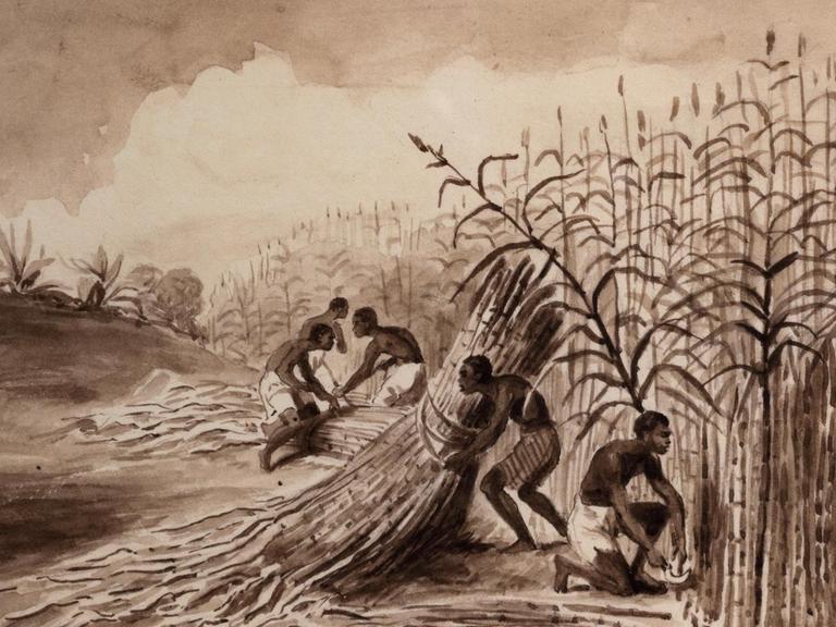 Sklaven, die bei der Zuckerrohrernte arbeiten, chinesische Tintenwäsche, c. 1800, im Musee d'Aquitaine, Bordeaux, Frankreich.