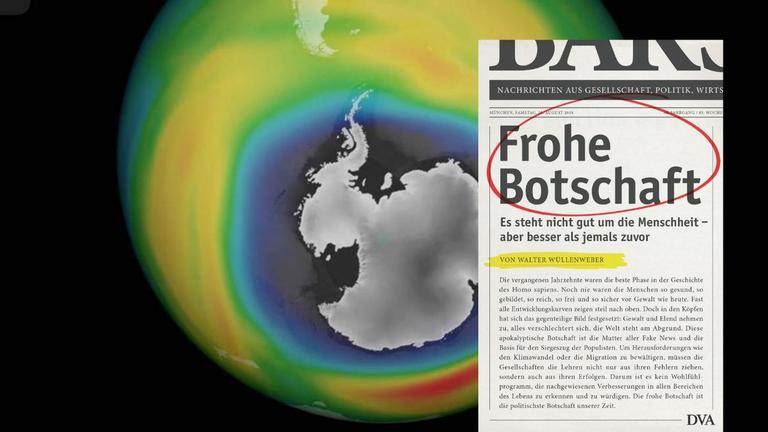 Hintergrundbild: Ein Globus im schwarzen All, der an unterschiedlich bunt eingefärbt ist und in der Mitte eine graue Fläche zeigt: das Ozonloch über der Antarktis. Vordergrund: Buchcover