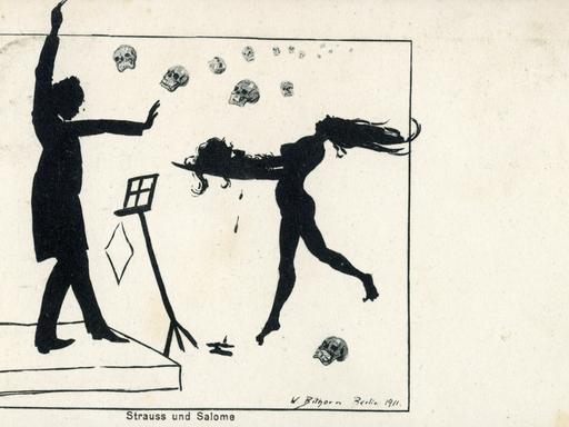 Strauss und Salome - Karikatur von W. Bithorn, 1911 Der Komponist Richard Strauss (1864 1949) dirigiert sein Werk vor einem umfallenden Notenständer, während Salome ihm das abgeschlagene Haupt des Jochanaan heranträgt