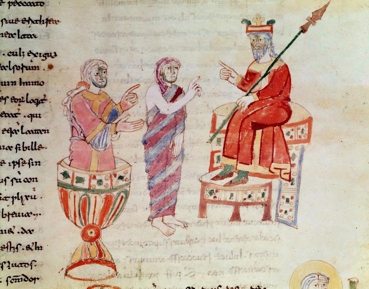 Darstellung von Zarathushtra in einer Handschrift (De Universo von Rabanus Maurus Magnentius) aus dem 9. Jahrhundert. Zu sehen ist Zarathushtra, der zwei Orakel konsultiert.