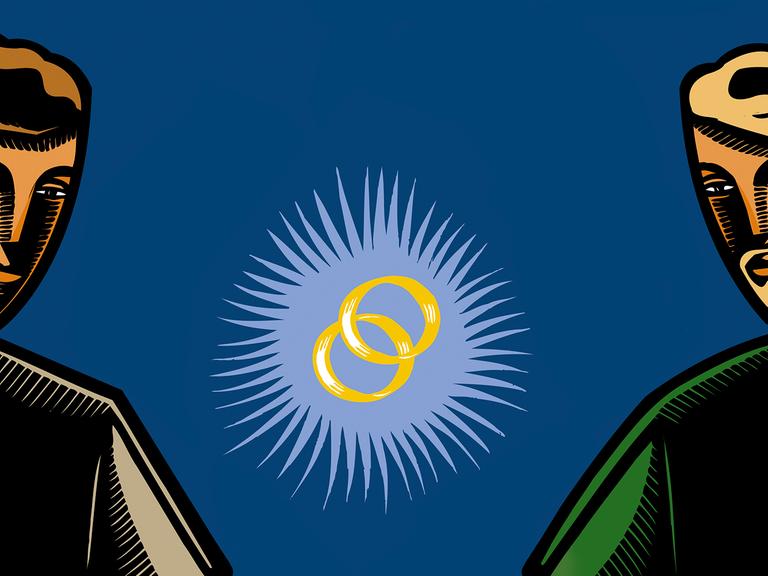 Illustration von zwei Männern die, sich gegenüberstehend, auf zwei Eheringe in der Bildmitte schauen.