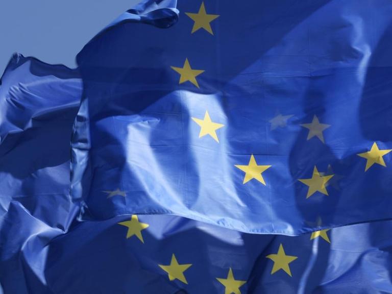 Zwei nebeneinander wehende Europafahnen.