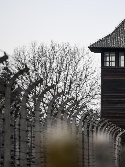 Wachturm und Stacheldrahtzaun am Rande der Gedenkfeier zum 75. Jahrestag der Befreiung des ehemaligen deutschen Konzentrationslagers Auschwitz.
