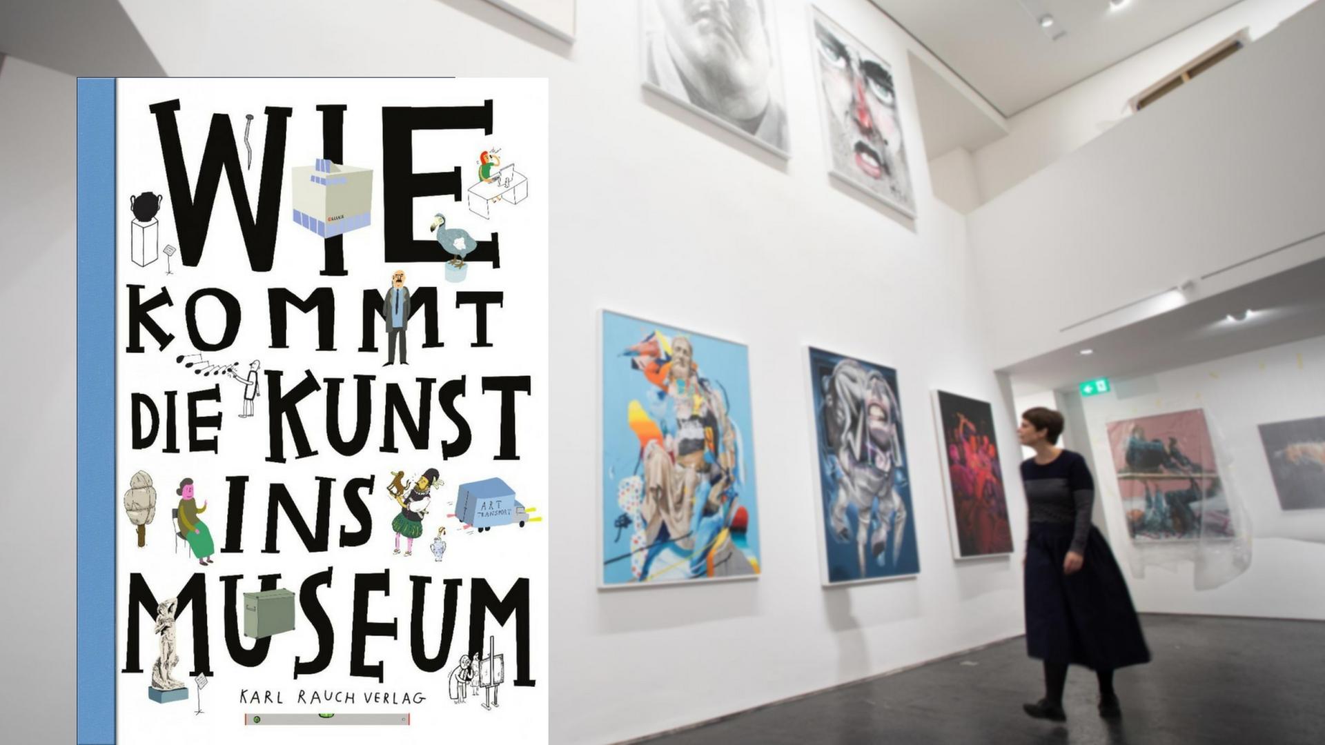 Cover des Kinderbuchs "Wie Kommt die Kunst ins Museum" von Ondřej Chrobák, Rostislav Koryčánek, Martin Vanĕk vor einem Foto einer Ausstellung im Urban Nation Museum for Contemporary Art in Berlin