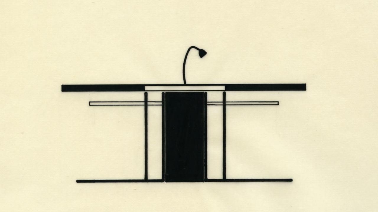 Die Reproduktion einer Tuschezeichnung zeigt einen Schreibtisch-Entwurf.