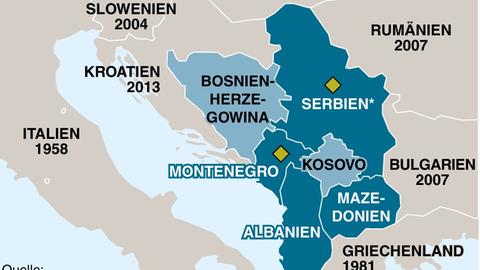 Karte der Westbalkanstaaten mit den Ländern die Beitrittskandidaten oder potenzielle Beitrittskandidaten für die EU sind.