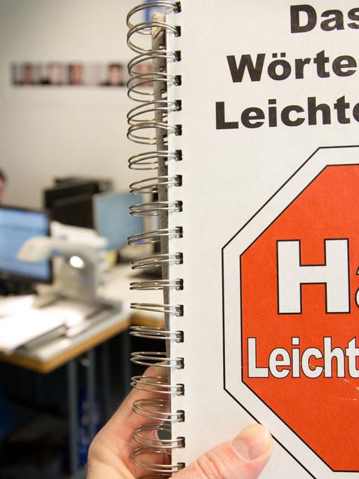 Eine Mitarbeiterin vom Büro für Leichte Sprache sitzt in der Hochschule Osnabrück vor einem Computermonitor - fotografiert am 6.1.2012 mit einem "Wörterbuch für Leichte Sprache".