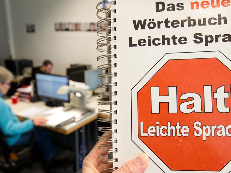 Eine Mitarbeiterin vom Büro für Leichte Sprache sitzt in der Hochschule Osnabrück vor einem Computermonitor - fotografiert am 6.1.2012 mit einem "Wörterbuch für Leichte Sprache".