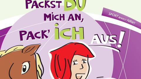 Ein Mädchen mit roten Haaren zeigt mit dem Finger auf den Betrachter, neben ihr ein Pferdekopf und der Hinweis: „Hier bekommst Du Rat und Hilfe“. 