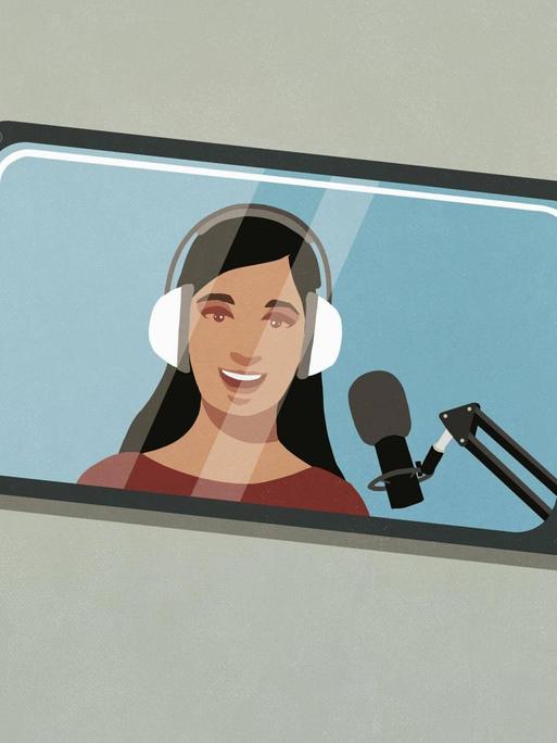 Illustration eines Smartphones auf dessen Display eine Frau mit Radiomikrofon zu sehen ist