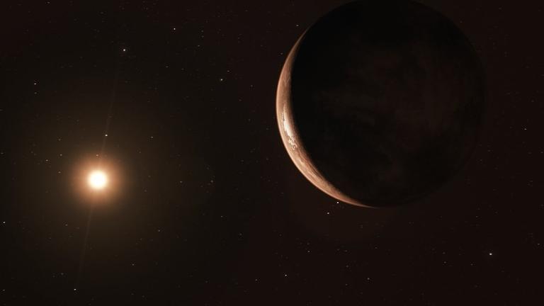 The nearest single star to the Sun hosts an exoplanet at least 3.2 times as massive as Earth — a so-called super-Earth. Data from a worldwide array of telescopes, including ESO’s planet-hunting HARPS instrument, have revealed this frozen, dimly lit world. The newly discovered planet is the second-closest known exoplanet to the Earth and orbits the fastest moving star in the night sky.. This image shows an artist’s impression of the exoplanet viewed from space.
