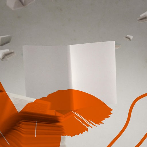 Das Bild zeigt das Podcast-Logo der ZDF-Sendung "Das Literarische Quartett", die als Podcast zum Nachhören von Deutschlandfunk Kultur angeboten wird. Zu sehen ist ein aufgeschlagenes, unbeschriebenes Buch vor umherfliegenden Buchseiten, darauf sind orange Pinselstriche zu sehen und zu lesen "Das Literarische Quartett".