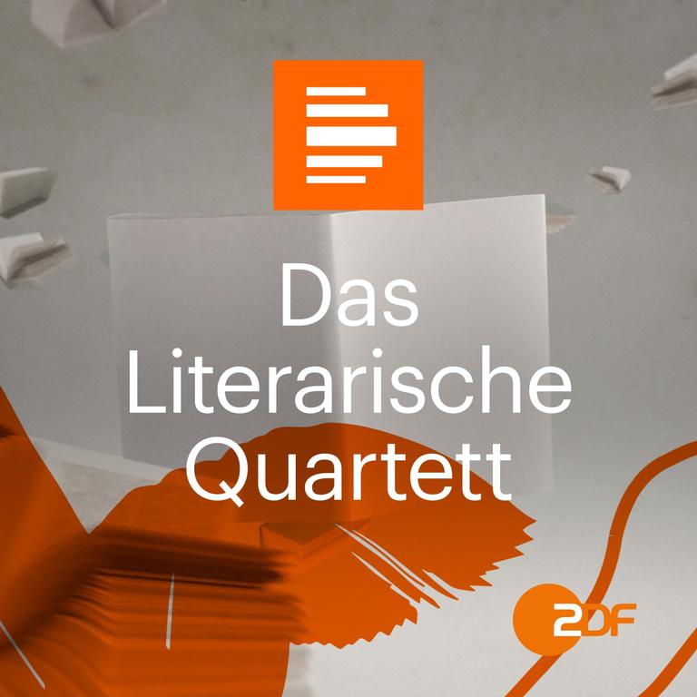 Das Bild zeigt das Podcast-Logo der ZDF-Sendung "Das Literarische Quartett", die als Podcast zum Nachhören von Deutschlandfunk Kultur angeboten wird. Zu sehen ist ein aufgeschlagenes, unbeschriebenes Buch vor umherfliegenden Buchseiten, darauf sind orange Pinselstriche zu sehen und zu lesen "Das Literarische Quartett".