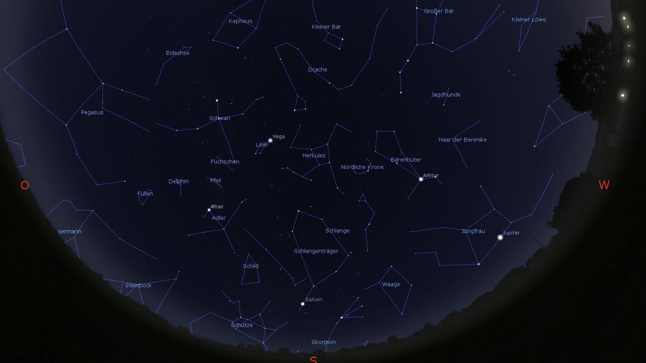 Der Sternenhimmel Anfang Juli gegen Mitternacht, zur Monatsmitte gegen 23 Uhr und Ende Juli gegen 22 Uhr.