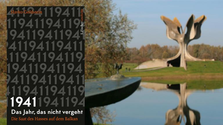 Hintergrundbild: Das Denkmal für die Opfer des Konzentrationslagers Jasenovac in der Nähe der Ortschaft Jasenovac (Kroatien), aufgenommen am 23.10.2013. Vordergrund: Buchcover