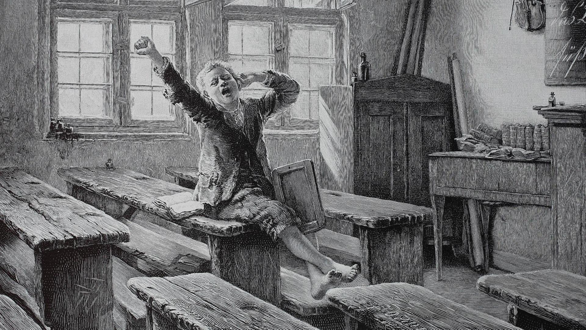 Ein Schuljunge muß im Klassenzimmer alleine nachsitzen und streckt sich vor Müdigkeit (historischer Holzschnitt von 1880)