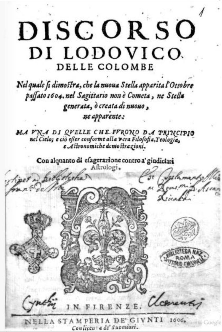 Titelseite des Büchleins von Lodovico delle Colombe über die Supernova 1604