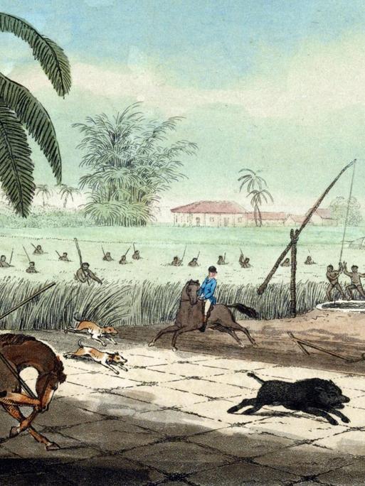 Sklaven arbeiten in einer Zuckerrohrplantage, bewacht von Aufsehern auf Pferden und Hunden.