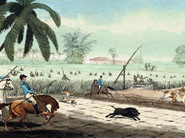 Sklaven arbeiten in einer Zuckerrohrplantage, bewacht von Aufsehern auf Pferden und Hunden.