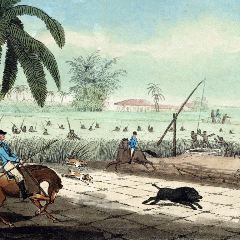 Sklaven arbeiten in einer Zuckerrohrplantagen, bewacht von Aufsehern auf Pferden und Hunden.