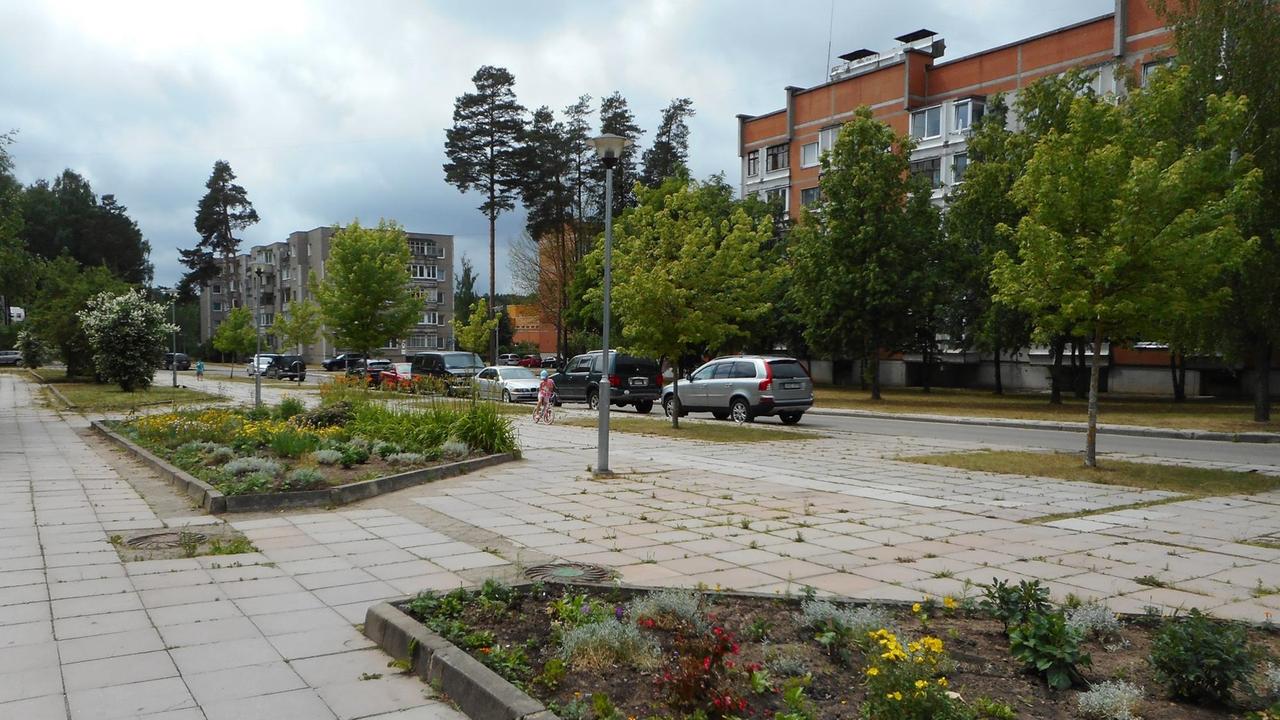 Ansicht einer von Plattenbauten gerahmten Straße mit Blumenbeeten in Visaginas.