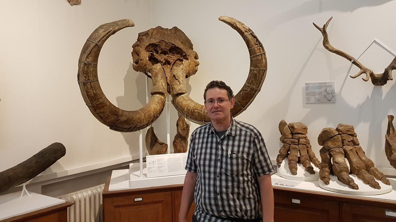 Der Paläobiologe Herve Bocherens erforscht in Tübingen ausgestorbene Tiere der Eiszeit. Er steht in seinem Büro vor einem Mammutkopf aus Plüsch