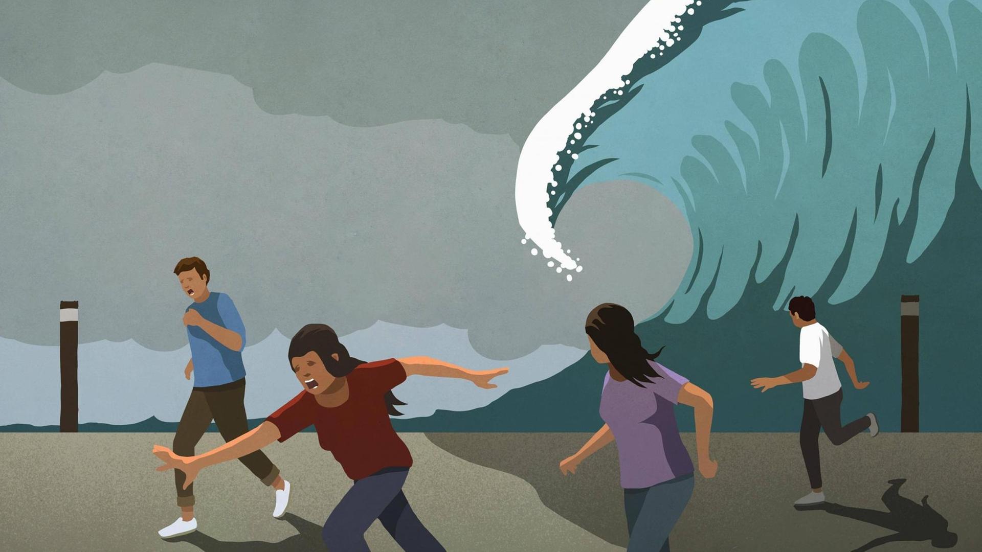 Leute rennen vor einer riesigen Welle weg (Illustration).