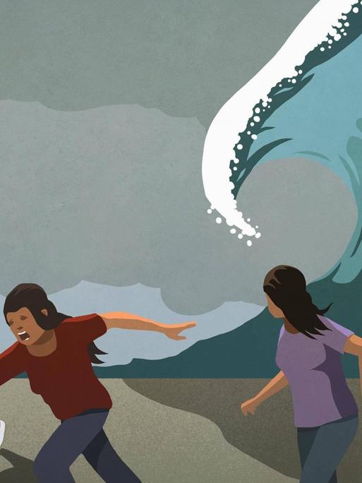 Leute rennen vor einer riesigen Welle weg (Illustration).