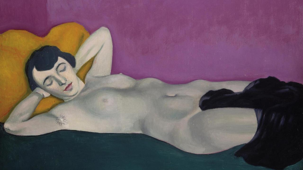 Das Gemälde "Liegende Frau vor violettem Grund" von Felix Vallotton. Zu sehen ist eine nackte Frau mit bedecktem Genitalbereich.