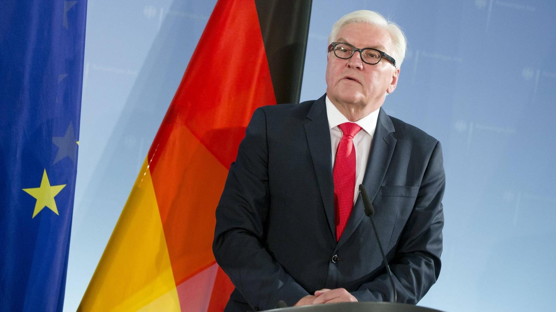 Bundesaußenminister Frank-Walter Steinmeier vor einer deutschen und europäischen Flagge stehend