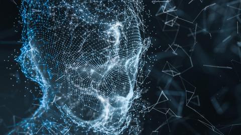 Eine dreidimensionale Darstellung eines menschlichen Kopfmodells, das aus wissenschaftlichen und technologischen Linien besteht.