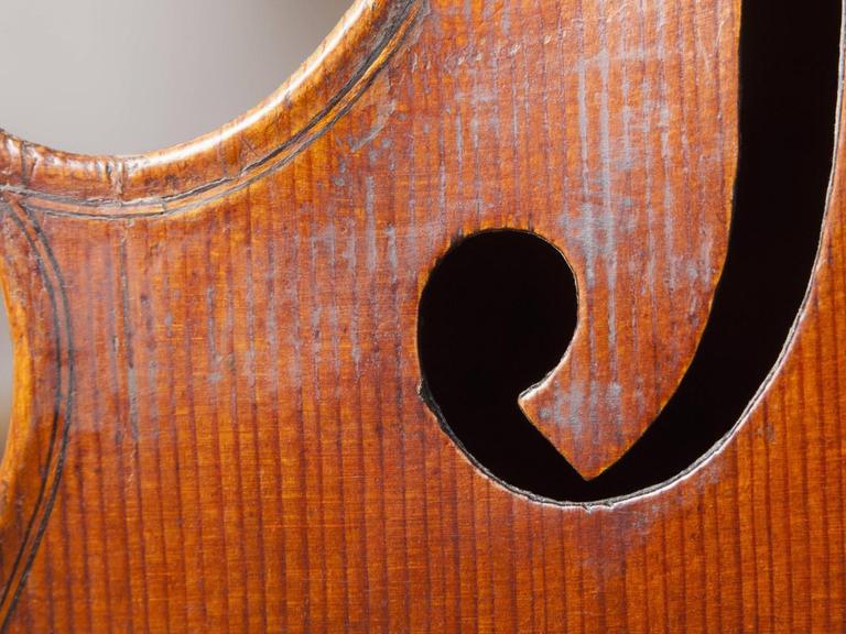 Detailaufnahme einer alten Geige, mit Fokus auf eines der Schalllöcher.