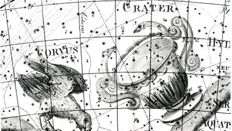 Rabe, Becher und Wasserschlange in einer historischen Darstellung Rabe, Becher und Wasserschlange in einer historischen Darstellung