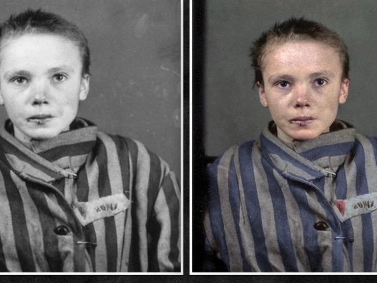 Eine von der brasilianischen Künstlerin Marina Amaral kolorierte Aufnahme eines jungen Mädchens im KZ Auschwitz-Birkenau.