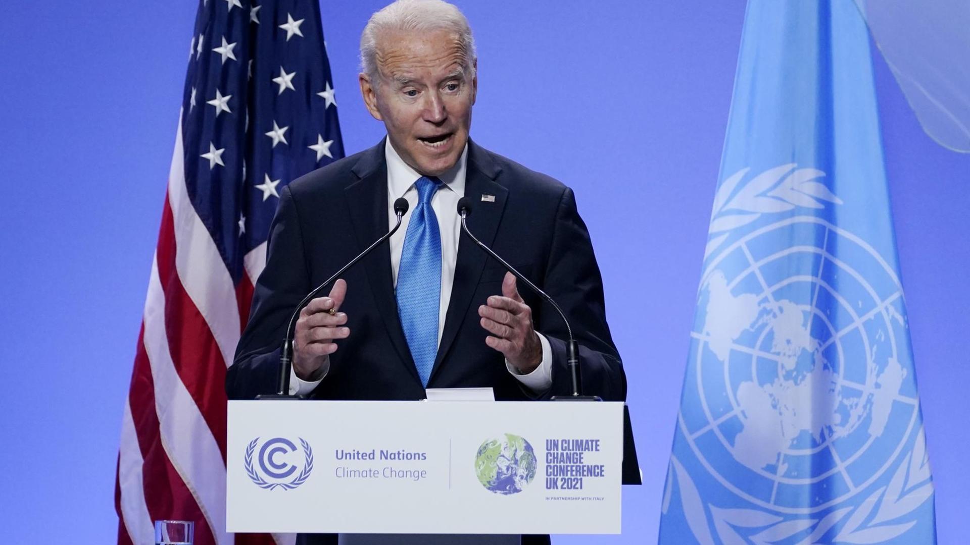 US-Präsident Joe Biden spricht bei einer Pressekonferenz anlässlich des UNO-Klimagipfels.