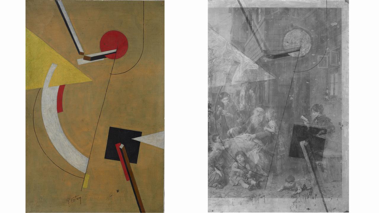 Links das vermeintlich 1923 von El Lissitzky gemalte Gemälde "Proun" - rechts das Infrarotreflektogram, auf dem der Druck unter der Gemäldeschicht sichtbar wird 