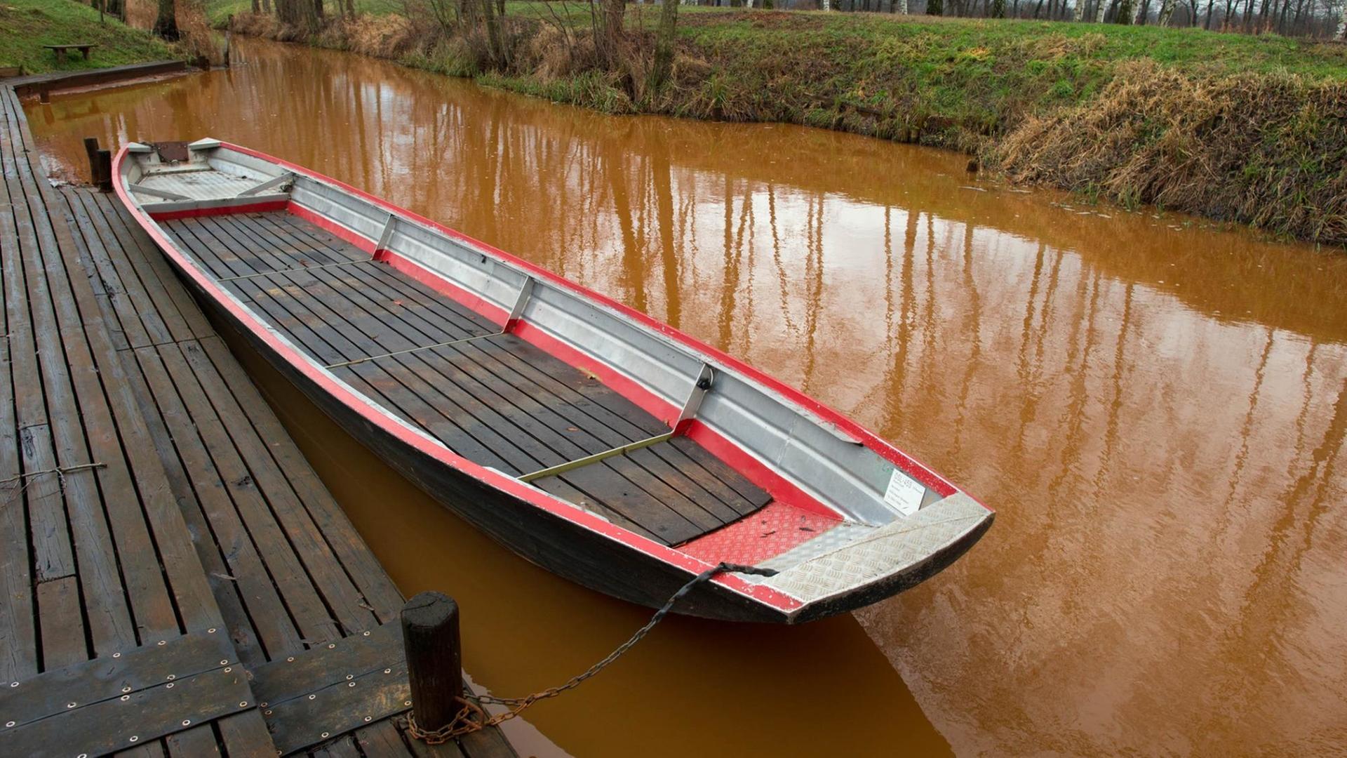 Bräunlich-Rot ist das Wasser eines Bachs am 10.01.2013 am Naturspreewaldhafen in Ragow nahe Lübben (Brandenburg) gefärbt. 