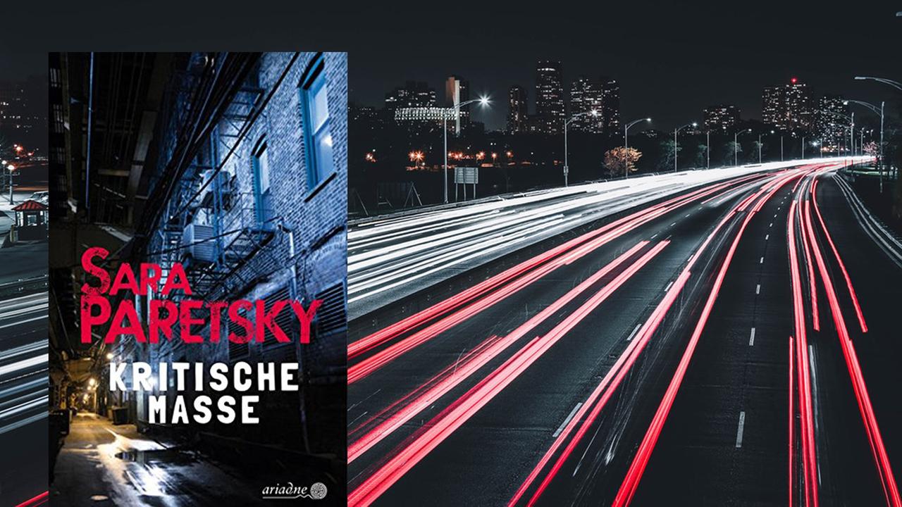 Cover von Sara Paretskys Buch "Kritische Masse". Im Hintergrund ist eine Nachtaufnahme von einer vielbefahrenen Straße in Chicago zu sehen.